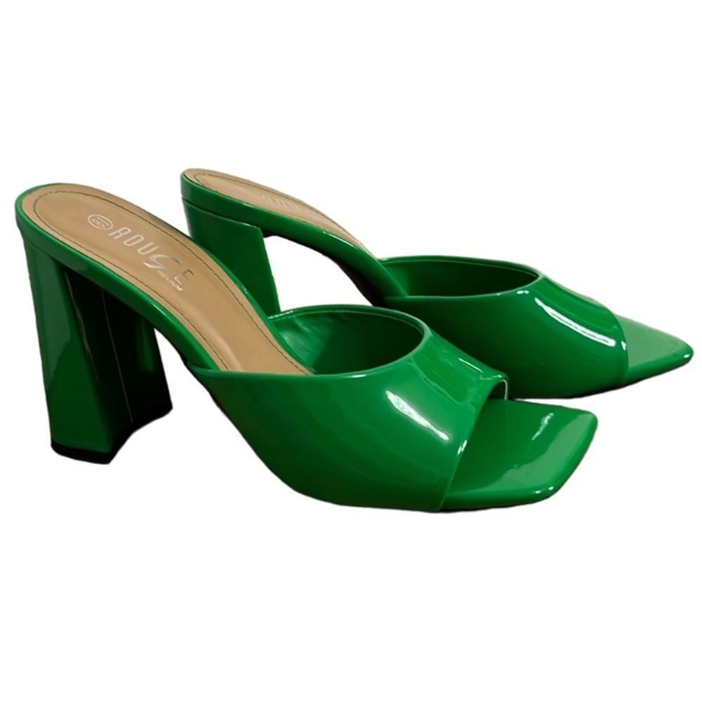 Rouge Helium Green Patent Leather Retro Open Square Toe Heels Size 8.5